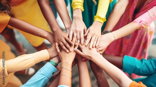 Diverse group of people joining hands in a circle, symbolizing unity, teamwork, and support. They are dressed in colorful attire with varied hand jewelry.