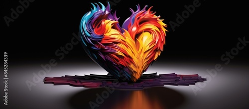 A vibrant heart shaped in various colors placed on a black plate against a clean white backdrop leaving ample copy space for an image 146 characters