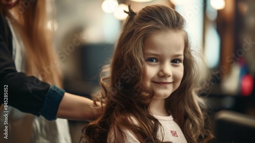Smiling young girl with long wavy hair getting a haircut at a salon, gently styled by a hairdresser.