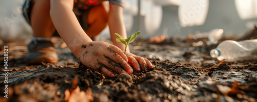 Child taking care of a seedling on polluted land. Pollution concept.