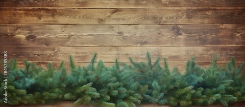 A Christmas fir tree placed on a wooden board serves as a textured background with green spruce branches presenting a copy space image with variations between green white and blue spruce 199 characte