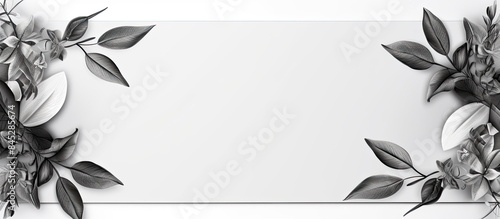 Top view of a black and white floral rectangular frame with leaves on a white background perfect for text and lettering The image offers ample copy space