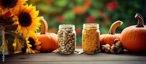 Among the plants on the table there are jars filled with pumpkins sunflower seeds and cedar creating a visually appealing copy space image
