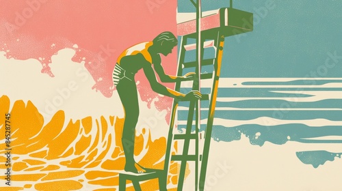 Simple style hand drawing illustration of a lifeguard