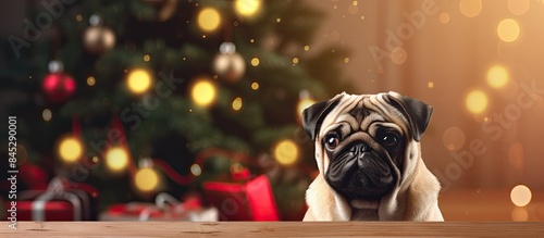 A pug dog eagerly awaits the holiday as it sits near a Christmas tree at home a card nearby with copy space for a festive message Merry Christmas and Happy New Year