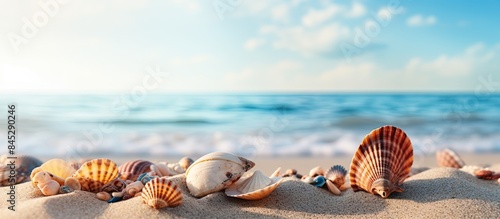 On the sandy beach by the sea there are seashells scattered about It s the perfect spot for a relaxing seaside vacation with plenty of copy space image