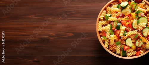 A top view of a warm appetizer snack for the menu concept featuring a healthy pasta salad with vegetables The image showcases the food with a background and sufficient copy space