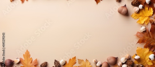 Fall themed flat lay composition with a border of dried oak leaves and acorns on an autumn background Ideal for Thanksgiving day or seasonal concepts with ample copy space for additional design eleme