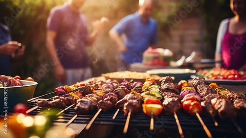 Men and women grilling kebabs and skewers for an Eid alAdha barbecue, close up, outdoor cooking, vibrant, overlay, festive backyard backdrop