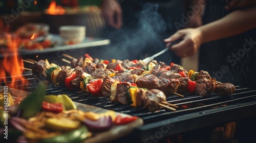 Men and women grilling kebabs and skewers for an Eid alAdha barbecue, close up, outdoor cooking, vibrant, overlay, festive backyard backdrop