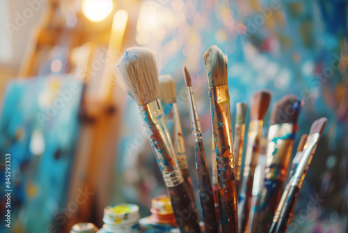 Paintbrushes are arranged neatly in an artist's studio, surrounded by a blurred background of canvases and colorful paints. A closeup shot highlights the bristles and handles of th
