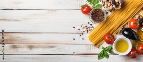Italian food cooking concept with ingredients for preparing pasta spaghetti including tomatoes olive oil spices herbs green olives and tomato sauce placed on a rustic white wooden background This fla