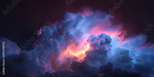 photo of clouds at night, dark sky with light blue and pink lighting coming from the right side
