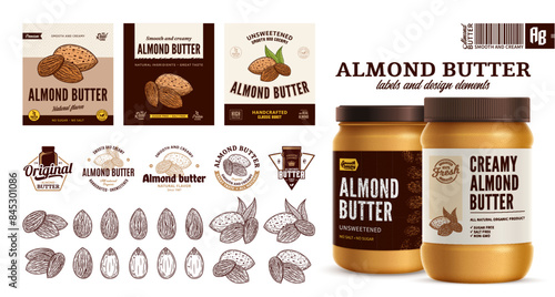 Vector almond butter labels. Almond butter branding and identity icons, badges, insignia and design elements. Realistic glass jar mockup