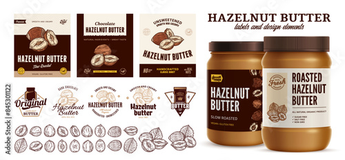 Vector hazelnut butter labels. Hazelnut butter branding and identity icons, badges, insignia and design elements. Realistic glass jar mockup