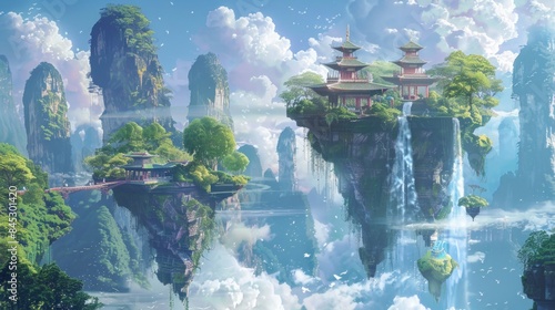 Whimsical Floating Islands with Temples and Waterfalls