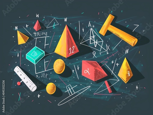 Colorful geometric shapes, mathematical formulas, and tools on a dark background, illustrating concepts of geometry, mathematics, and physics.