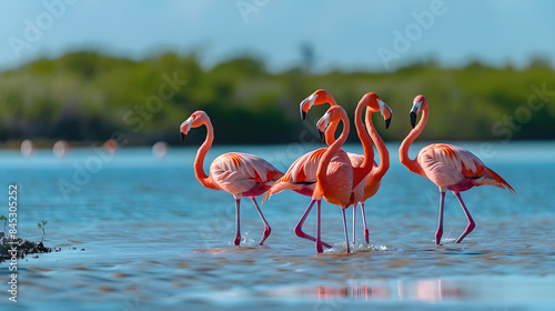 Flock of pink flamingos gracefully standing in turquoise water, under soft blue sky.