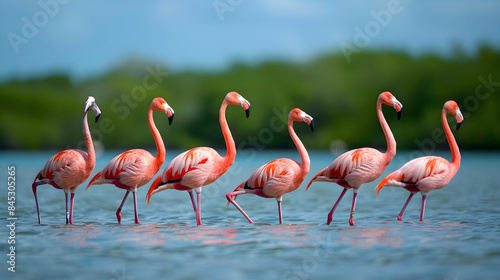 Elegant flamingos stand gracefully in shallow water, with reflections of their pink feathers below.