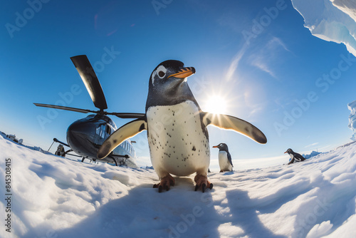 a penguin standing on snow with helicopter and sun in the background
