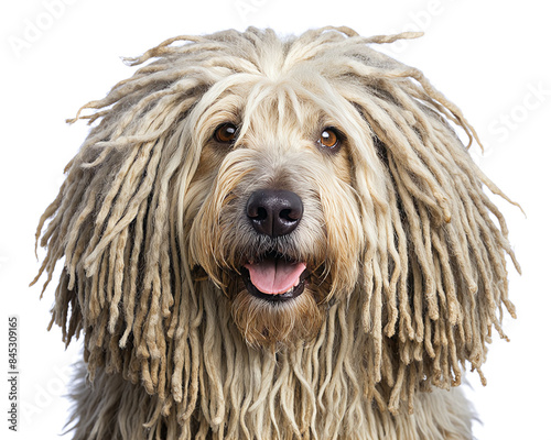 A playful Bergamasco with a characteristic long, wiry coat. His happy expression and unique coat resemble dreadlocks, highlighting his cheerful and protective nature.