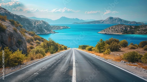 Empty highway between mountain peaks, sea coast on one side of the road, blue water, clear sunny day, incredible nature, bright saturated colors