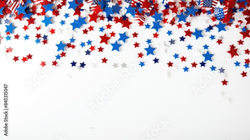 American flag and flag colored confetti stars strewn on white background with copy space
