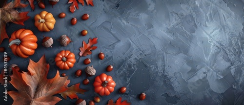 3D pumpkins and acorns on matte surface, autumn colors, copy space,