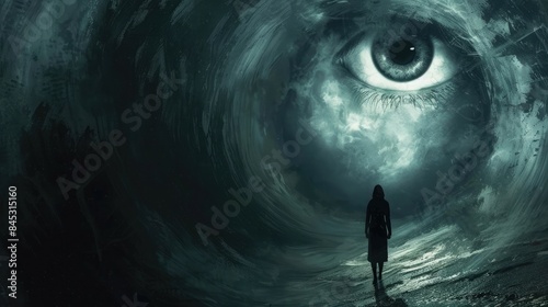 Existential Dread: The Abyss and Searching Eyes - Picture someone staring into an abyss with searching eyes, illustrating existential dread