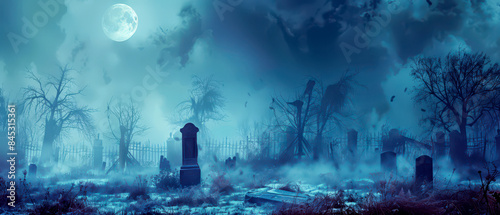 Spooky graveyard scene, matte surface, copy space,