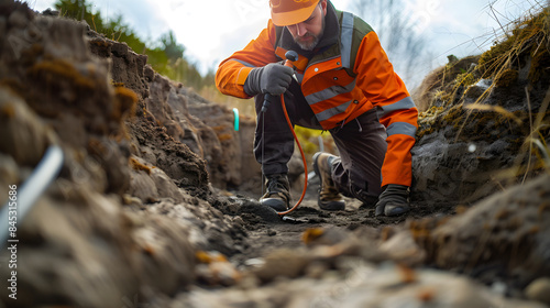 Geophysicist in field using ground-penetrating radar equipment to map underground structures and resources.