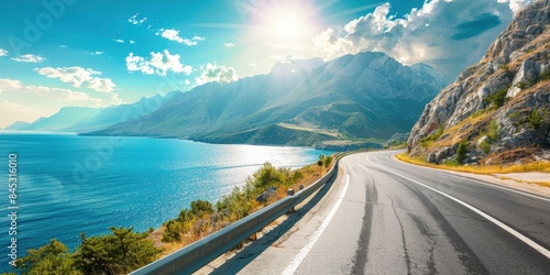 Empty highway on the background of steep mountain peaks, sea coast on one side of the road, blue water, clear sunny day