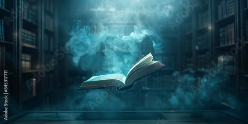 A mystical scene of a book floating mid-air in a smoke-filled, dimly lit library, evoking a sense of enchantment and magical realism.