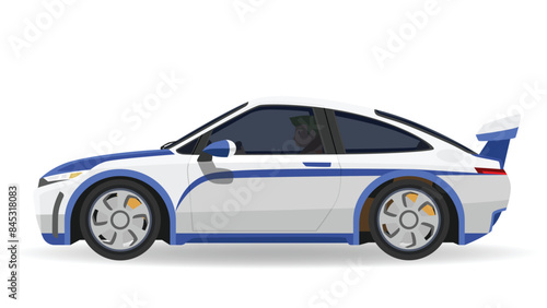 Concept vector illustration of detailed side of a flat sports car with driving man inside car. Car white and line blue color. with shadow of car on isolated white background.