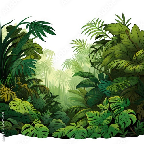 Lush Dense Underbrush in Rainforest Vector Illustration on White