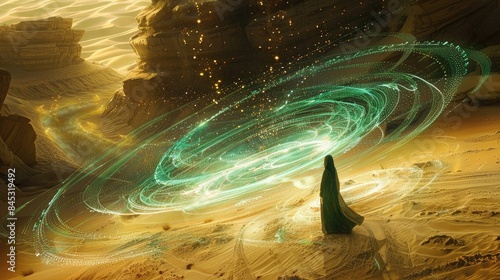 A djinn with hologram projections and wish granting databases swirling in the digital sands of an ancient cyber desert