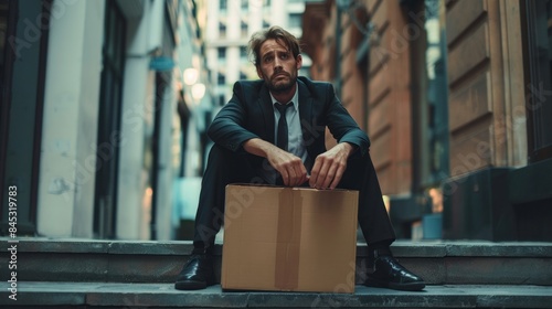 Businessman with box after losing jobs sitting at stair front of building.