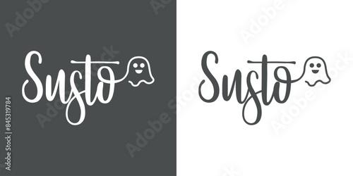 Logo con fantasma para invitaciones y tarjetas de Halloween. Silueta de fantasma con palabra Susto en español en caligrafía