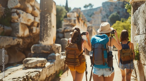 A group of friends exploring ancient ruins with backpacks and cameras