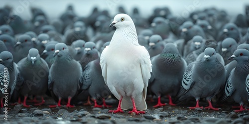 Courageous White Pigeon Standing Tall Amidst a Flock of Indifferent Grey Pigeons Conveying the Power of Standing Alone and Embracing One s Uniqueness