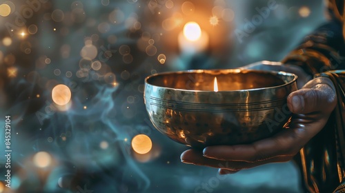 A close-up of hands gently playing a singing bowl during a meditation ritual, with soft lighting and a calm atmosphere