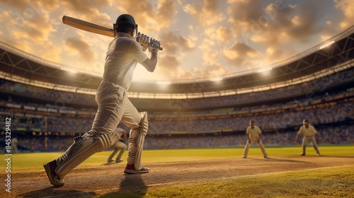 Creative image depicting man, cricket athlete in white uniform and helmet in motion during match, hitting ball with bat. Sunset sky