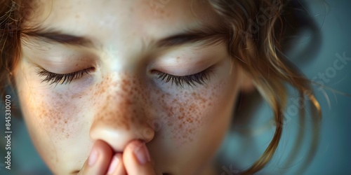 Closeup of a girl holding her nose with eyes closed runny nose. Concept Close-up Portrait, Illness Symptoms, Girl with Tissue, Seasonal Allergies, Facial Expressions