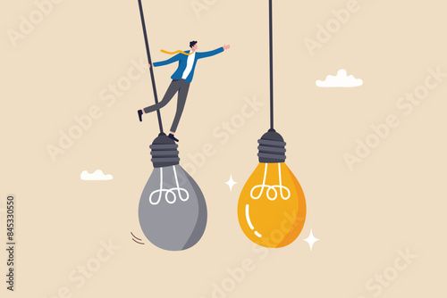 Change or transformation to new opportunity, change to new job, better career, improvement or move to different company, decision for new chance concept, businessman jump from old to bright lightbulb.