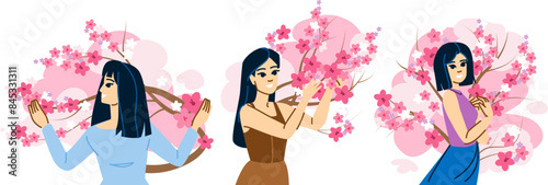 flower cherry blossom viewing vector. pink japanese, japan tree, nature april flower cherry blossom viewing character. people flat cartoon illustration