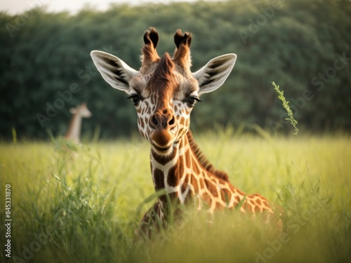baby giraffe in morning grass