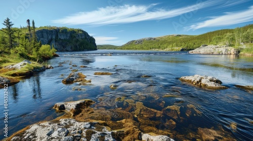 River landscape with rugged shores in summer