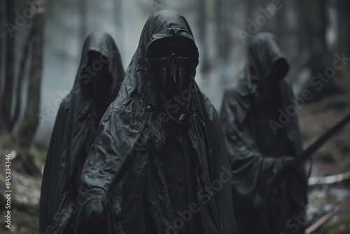 Three members of a dark cult, dressed in black robes and masks, stand ominously in a dense forest