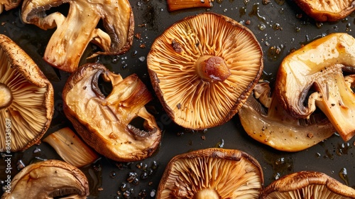 Sizzling sautéed mushrooms with visible seasoning on a dark non-stick cooking surface, showcasing a variety of textures