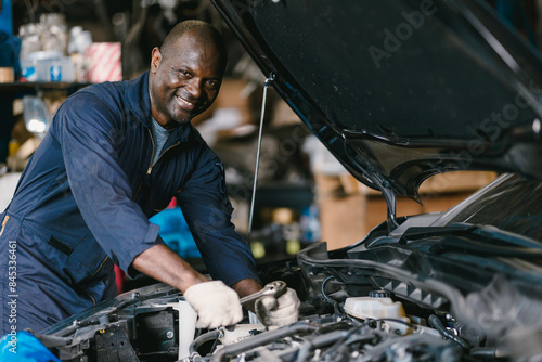 African Black Car Service Mechanic Mal Working in Garage Workshop Happy Smiling. Looking Camera shot.